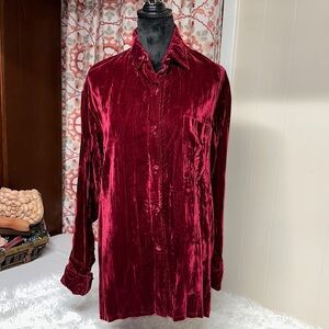 Vintage 90s Red Velvet Long Sleeve Goth Vamp Button Up Shirt Sz L